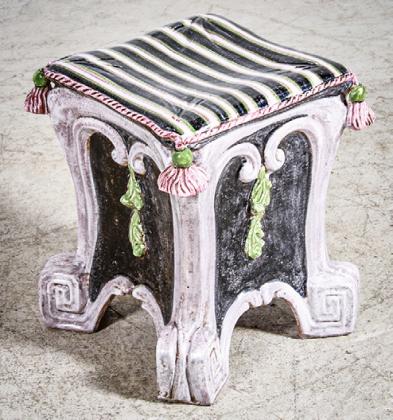 This majolica stool was made in the 20th century. It is square instead of the antique barrel shap but still shows the influence of the 19th-century style. BUNCH AUCTIONS