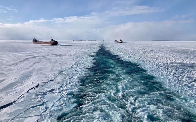 Ships iced in at Whitefish Bay on Lake Superior in March 2022. PHOTO PROVIDED BY LAKE CARRIERS’ ASSOCIATION