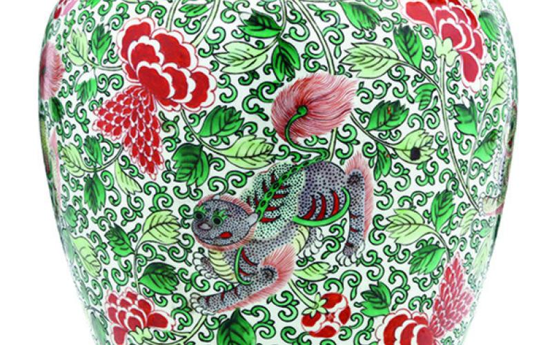There’s no doubt that a vase like this one belongs to the famille verte, or “green family” of Chinese porcelain. Spring peonies and foo dogs are popular symbols. LELAND LITTLE