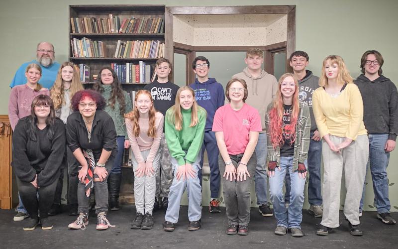 The Bookstore cast is pictured with director Steve Levine in the far back. Middle row, left to right: Avery Graybill, Ember Piper, Lulu Contreras, Dillon Lieu, Garry Farley, Jayden Willis, Noah Wuefling, and Brayden Walters. Front row, left to right: Livia Bell, Alex Ross, Marleigh Grenon, Georgia Grenon, Madeline Crawford, Ella Finkbeiner, and Lily Muma.