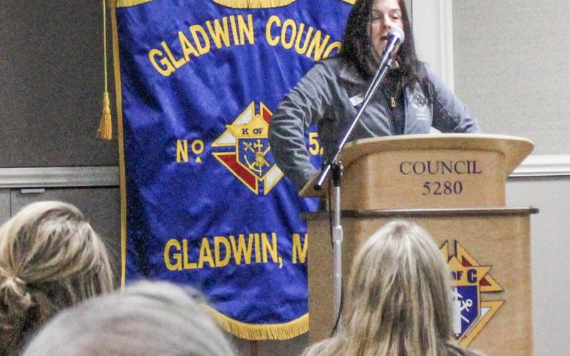 Gladwin County Commissioner Karen Moore spoke about the new group, the Gladwin County Community Builders, at the Legislative Breakfast held at the Knights of Columbus Hall on January 12.