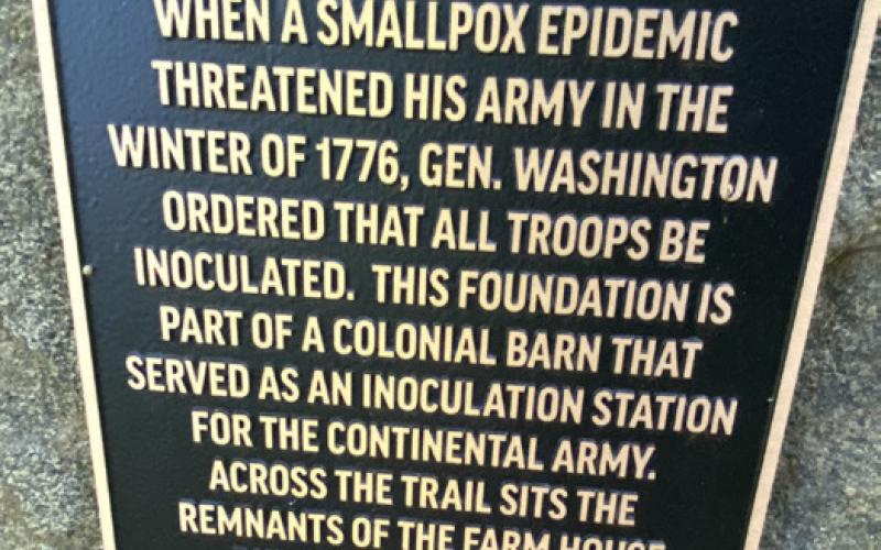 Rough trail through Bear Mountain – Harriman State Park in New York. Inset photo, plaque that marks the location of Continental Army Inoculation Station.
