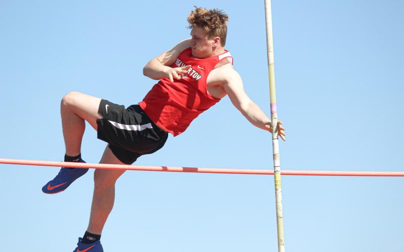 Beaverton’s Justin Wood in the pole vault event during last Wednesday’s track meet in Beaverton.