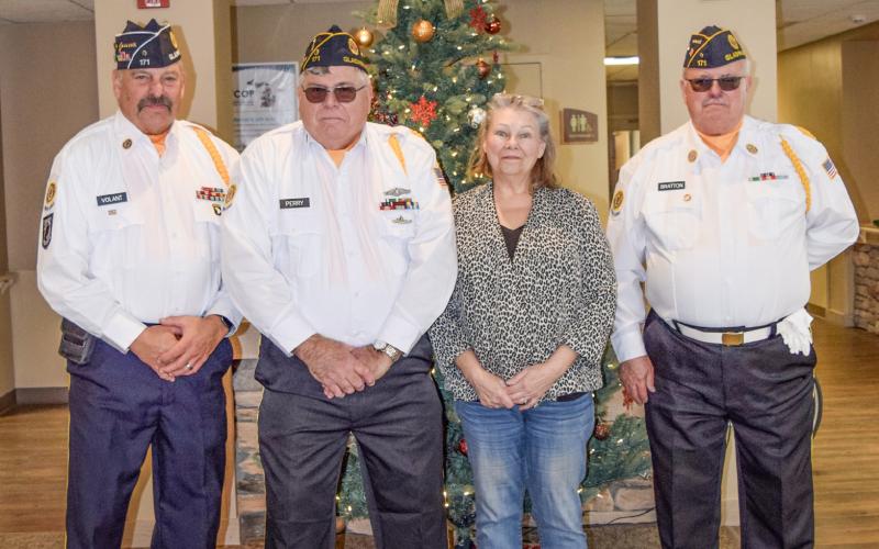 Pictured from left to right is American Legion Post 171 Commander Jim Volant, Service Officer Mike Perry, Cheryl Parmer from the West Branch Post, and Adjutant Dr. Rick Bratton.