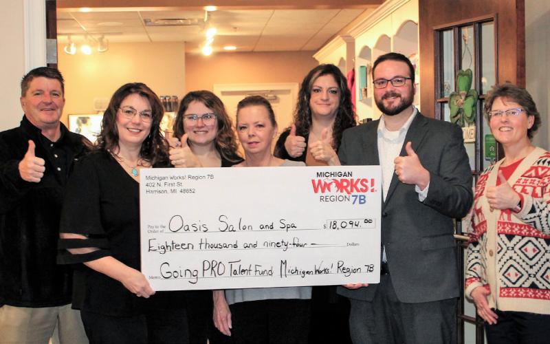 Pictured left to right are Mark L. Berdan, Executive Director, Michigan Works! Region 7B; Stacy Plude, Oasis Salon &amp;amp; Spa; Trinity Ehlers, Oasis Salon &amp;amp; Spa; Rhonda Perry, Oasis Salon &amp;amp; Spa; Savannah Davies, Oasis Salon &amp;amp; Spa; Matt Lang, Director of Business Services and Economic Development, Michigan Works! Region 7B, Gladwin County; Pam O’Laughlin, Chief Operating Officer, Michigan Works! Region 7B.
