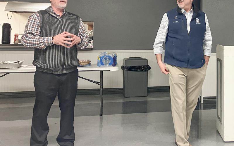 State Senator Roger Hauck (left) and State Rep. Mike Hoadley answer questions from the audience at the Chamber of Commerce Legislative Forum Friday at the Beaverton Community Center.