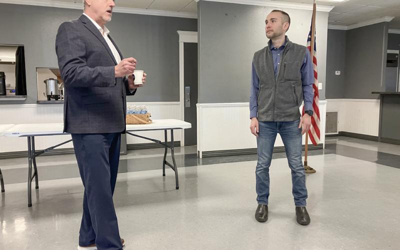 State Reps Mike Hoadley (left) and Bill G. Schuette address the audience at the Gladwin County Chamber of Commerce Legislative Forum Friday at the Beaverton Community Center.