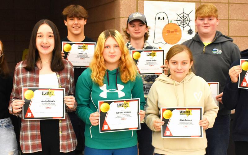BJSHS Students of the Month included (front row, left to right): Emily McWilliams, Jordyn Schultz, Natrisha Watters and Olivia Somers; (back row): Landon Love, Lincoln Stoike, Jake Wolfe and Nicholas Smith. Not pictured: Ciera Keels, Raven Maxwell, Xavier Stevens, Wyatt Bordeau and Jason Ash.