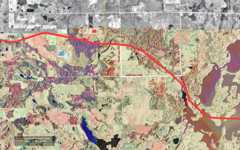 Approximate route of the Meredith Grade section of Thomas Nester’s Railroad allowing logs to be floated to Saginaw from Butman.