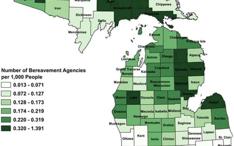 Ratio of deaths to bereavement agencies by county, 2018-2022. Data from Department of Health and Human Services.