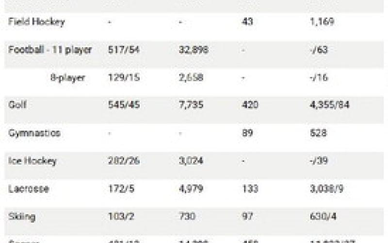 (A) The first number is the number of schools reporting sponsorship on the Sports Participation Survey, including primary and secondary schools in cooperative programs as of May 15, 2026. The second number indicates the number of schools that had girls playing on teams consisting primarily of boys. (B) The second number indicates the number of additional girls playing on teams consisting primarily of boys and entered in boys competition.