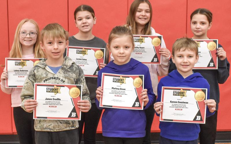 BES Students of the Month for January are Lainey Anderson, James Credille, Lorelei Coles, Marlena Grove, Shelby Hayes, Kaeson Cousineau and Alexis Watters. Not pictured: Linden Hunt and Lily Torrez.