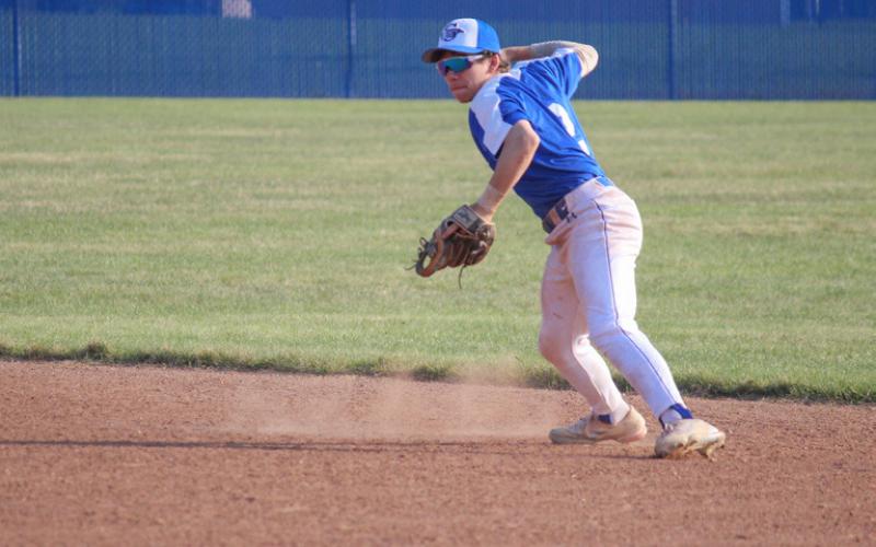 Second baseman Brady Gehrett scopes the ground ball and throws to first.