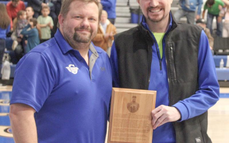 Buddy Goldsworthy (left) was the speaker when Jordan Strohkirch was inducted into Gladwin’s Hall of Fame Friday night.