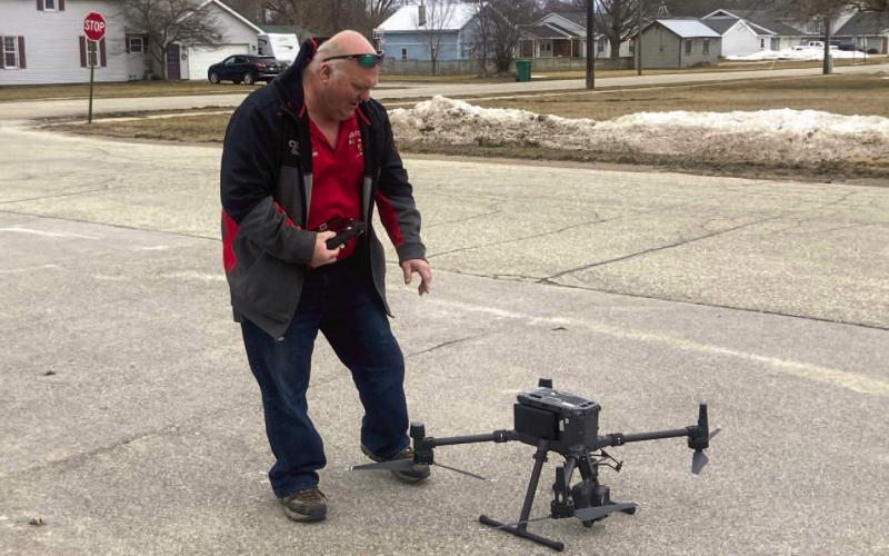 Secord Fire Chief Fred Shaver demonstrates the department’s new drone. The drone assists with searching for missing people throughout Gladwin County.