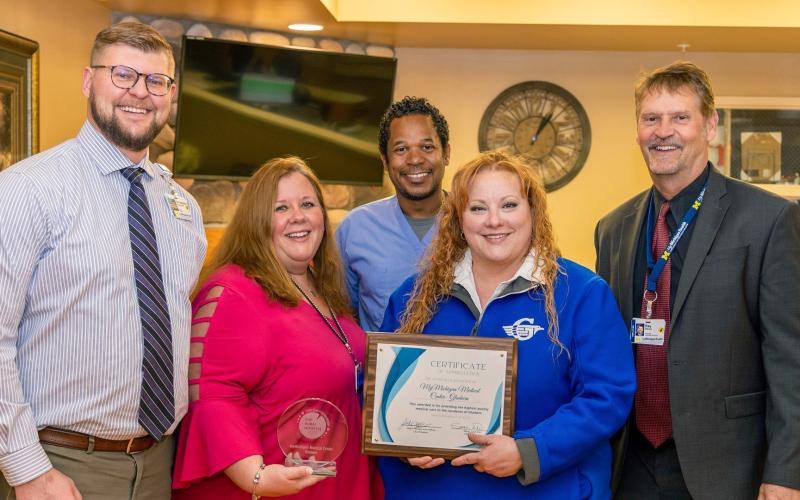 Pictured from left to right: Christopher Engelhardt, MBA, director of finance, MyMichigan Medical Centers in Gladwin and West Branch; Julia Reid, R.N., director of nursing, MyMichigan Medical Center Gladwin; Erik Nimbley, M.D., emergency medicine physician; MyMichigan Medical Centers in Clare and Gladwin; Sarah Kile, Mayor of Gladwin, and Ray Stover, president, MyMichigan Medical Centers in Gladwin and West Branch.