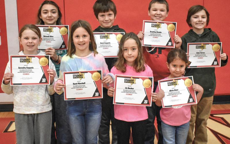 BES Students of the Month for February are Serenity Coppola, Kennadi Allen, Hazel Marshall, Noah Coppola, Liv Becker, Brantley Brooks, Olivia Giner and Liam Torrez. Not pictured: Madison Blades.