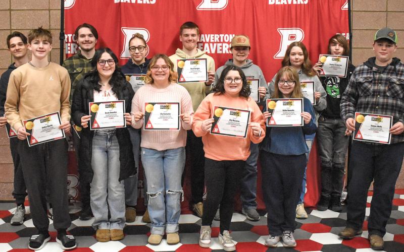 February’s BJSHS Students of the Month include: Noah Herman, Callen Martin, Logan Diamond, Brooke Onweller, Tatum Roe, Lily Couturier, Reed Sprague, Lily McLaren, Charles Meier, Kaida Hannahs, Alisha Currier, Trenton Pemberton and Conner Wolfe. Not pictured, Rylan Seiber.