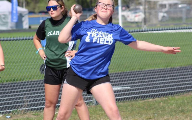 Gladwin’s Jade Sheltraw uses all her strength to launch the shot forward. PHOTO PROVIDED BY MELISSA ROBINSON