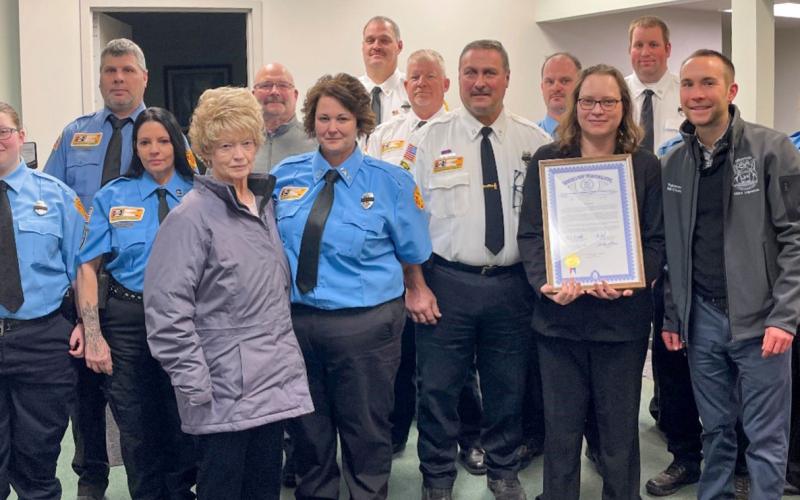 State Representative Bill G. Schuette (front row, far right) presents a state tribute to the family of the late Alan Vincent and the Billings Township Fire Department on Monday, Feb. 13. The tribute honored Vincent’s service to the department, which spanned over 50 years.