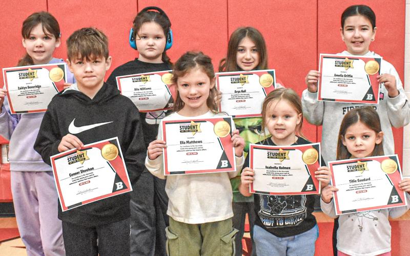 BES Students of the Month are: Zaidyn Beveridge, Conner Sheehan, Aila Williams, Ella Matthews, Arya Hall, Isabella Holmes, Amelia Griffin and Tillie Gaudard. Not pictured is Eli Kassabian.