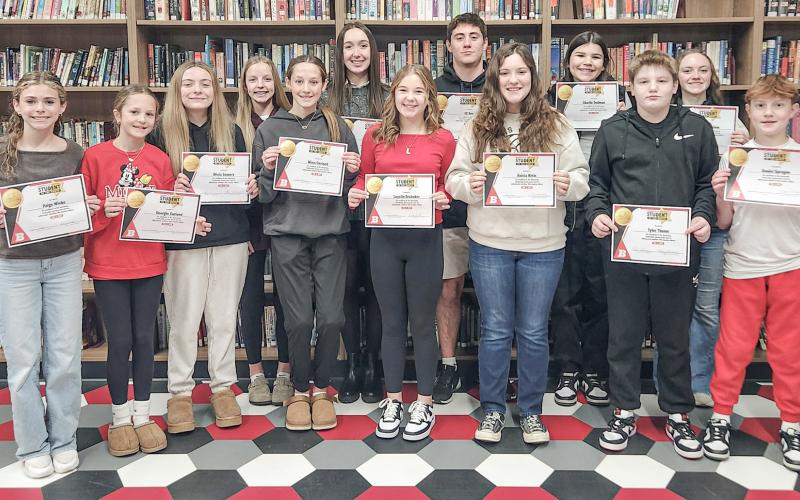 BJSHS Students of the Month: Paige Wicke, Georgie Carland, Olivia Somers, Evelyn Doyle, Wren Carland, Jordyn Schultz, Layelin Brubaker, Eli Roe, Anicia Klein, Charlie Dodman, Tyler Thume, Hope Vantiem and Daniel Sprague. Not pictured: Jordan McDonald, Mason Berry and Emma Butcher.