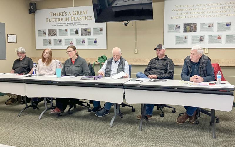 The Ross Lake Improvement Board is all present and accounted for at its meeting Monday night with (left to right) Dave Edwards, Karen Moore, Colleen Reader, Alan Bornick, Jared Carpenter and Terry Walters seated at the head table.