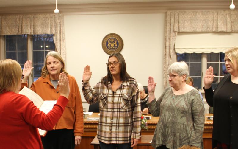 New and old council members are sworn in by Gladwin City Clerk, Marietta Andrist (far left) during the Gladwin City Council meeting on Monday, November 21. Councilwomen from left to right: Carol Darlington, Cristy Gutierrez, Linda Winarski, Jaimie Esiline.