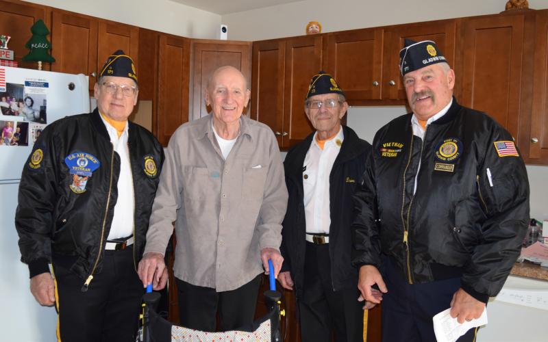 The Gladwin American Legion Post 171 and Auxillary went to the area assisted living homes and presented veterans there with a Christmas package and spoke to them about their military service. The Veterans were thanked for their service and saluted. The homes visited were: Gladwin Pines, Gladwin Living and Rehab, The Brook, Horizon, and Heavenly Homestead. This was initiated last year with the help of Cheryl Steele, from West Branch, and we wanted to continue it as it is a very rewarding experience.