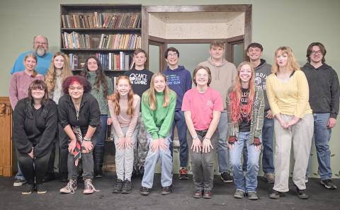 The Bookstore cast is pictured with director Steve Levine in the far back. Middle row, left to right: Avery Graybill, Ember Piper, Lulu Contreras, Dillon Lieu, Garry Farley, Jayden Willis, Noah Wuefling, and Brayden Walters. Front row, left to right: Livia Bell, Alex Ross, Marleigh Grenon, Georgia Grenon, Madeline Crawford, Ella Finkbeiner, and Lily Muma.