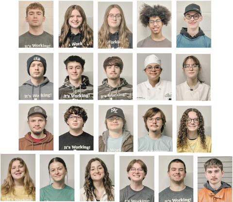 Pictured in row one: Calvin Clark, Peyton Cantu, Eva Thorington, Charles lbbott, and Nicholas McClain; row two: Charles Parrent, James Mast, Marcus Hunziker, Joirdan Moore, and Ember Hovey-Wheeler; row three: Bryant Klein, Zander Galsterer, Lucas Colwell, Evan Kinney, and Ahnarae Bailey; row four: Andreanna Maran, Angelica Corlew, Chloe Miller, Milo Hale, Jaxen McKinnon, and Christian Burgess; and not pictured is Gavin Bruner.
