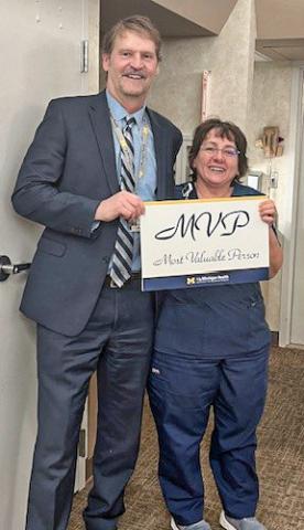 Joan Vogel, R.N., medical/ surgical and outpatient infusion nurse at MyMichigan Medical Center Gladwin, was named the 2023 most valuable person (MVP) for the Medical Center. Vogel has been a member of the MyMichigan family since 1985. Vogel received the award in a surprise presentation where she was joined by her 12 siblings from across the United States, as well as two children and two grandchildren.