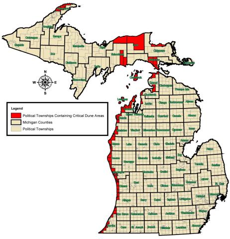 Dark highlighted areas on this map indicate Michigan townships that contain critical dunes. DEPARTMENT OF ENVIRONMENT, GREAT LAKES, AND ENERGY