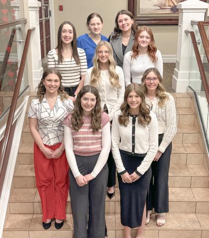 This year’s contestants are (back step): Audrey Andrist, Isabelle Dodman; (second step): Jordyn Schultz, Freya Wood; (third step): Braylin Orton; (fourth step): Audrey Schmidt, Brenna Randle; (front step): Ansley Mausolf, Sayde Woodruff.