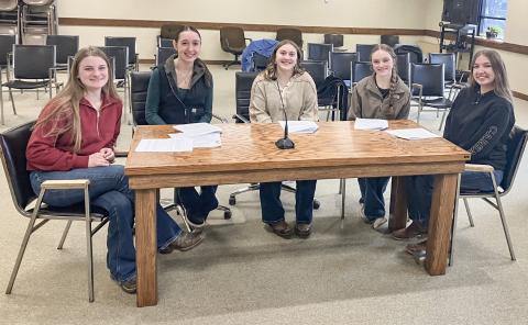 Five high school students participating in the Future Farmers of America Leadership Contest presented a skit before the Gladwin County Board of Commissioners at its Regular Meeting Tuesday. The presentation in front of a government board was required as part of the competition and (left to right) Brenna Buzzell of Gladwin; Jordyn Schultz, Sophie Milks and Hope Vantiem, of Beaverton and Evelyn Dewey of Farwell discussed issues involving the use of pesticides in agriculture.