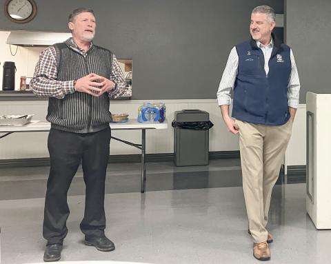 State Senator Roger Hauck (left) and State Rep. Mike Hoadley answer questions from the audience at the Chamber of Commerce Legislative Forum Friday at the Beaverton Community Center.