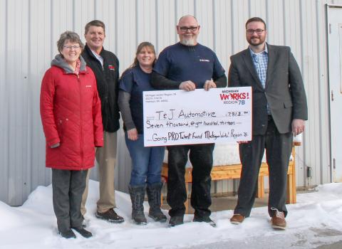 Pictured left to right are Michigan Works! Region 7B Chief Operating Officer Pam O’Laughlin, Michigan Works! Region 7B Executive Director Mark L. Berdan; Tina and Lou Stornello, T&amp;J Automotive; and Michigan Works! Region 7B Gladwin County Director of Business Services and Economic Development Matt Lang.