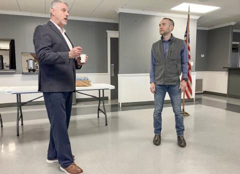 State Reps Mike Hoadley (left) and Bill G. Schuette address the audience at the Gladwin County Chamber of Commerce Legislative Forum Friday at the Beaverton Community Center.