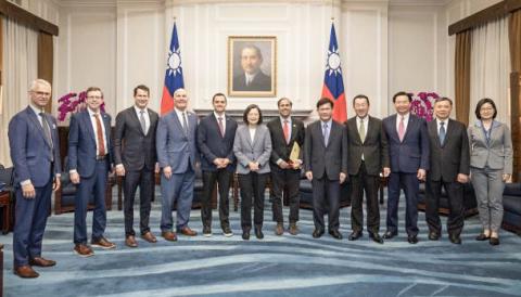 Congressman Moolenaar and members of the House Select Committee on the Chinese Communist Party meet with Taiwanese President Tsai Ing-wen (center) and Taiwanese leaders.