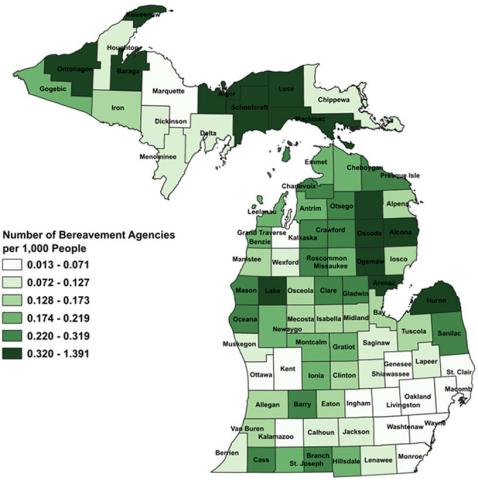 Ratio of deaths to bereavement agencies by county, 2018-2022. Data from Department of Health and Human Services.