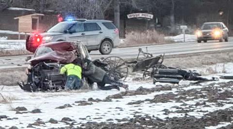 First responders are on the scene of a car-Amish buggy accident that occurred Monday morning on Bard Road in Sage Township.