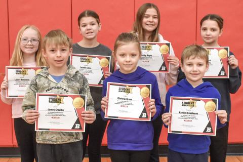 BES Students of the Month for January are Lainey Anderson, James Credille, Lorelei Coles, Marlena Grove, Shelby Hayes, Kaeson Cousineau and Alexis Watters. Not pictured: Linden Hunt and Lily Torrez.
