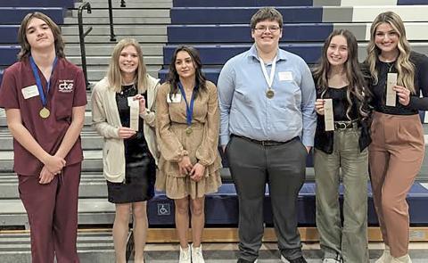 Six Clare-Gladwin CTE Health Occupations students earned top honors at the regional HOSA competition and will advance to the state-level event this spring. Pictured left to right: Nolan Underhill, Cassidy Steinert, Raegan McCartney, Calvin Scoby, Tamara Bennett, Braelynn DeLisle.