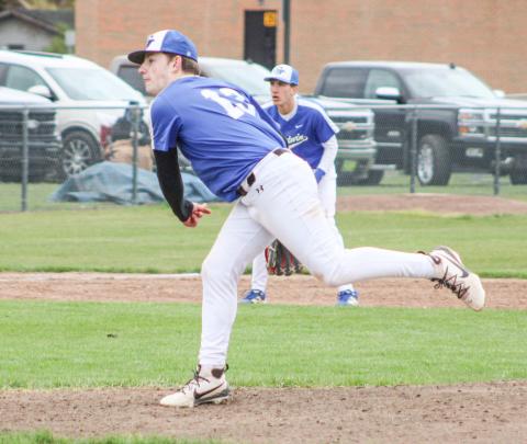 Karter Phillips pitched a two-hitter in Gladwin’s 5-0 victory over Farwell in the  first game of a doubleheader last Wednesday..