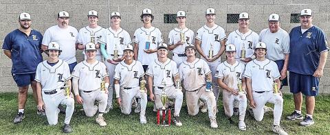 The Linwood Post 239 FAAST Summer Classic Champions are pictured in back row: coaches Hunter Merillat and Josh Higgins; Brady Bowen, Brennen Pease, Robby Mularz, Dakota Inda, Nathan Foret, Kaden Gerzseny; coaches Terry and Scott Brokoff. Front row: Brody Riedlinger, Ethan Helinski, Jose Costilla, Dane Alexander, Liam Rump, Trent Bowen, and Charlie Maze. Missing players are Brady Vrable, Aydin VanEver, Carter McLaren, Dominik Mulder, Braxton Heuker, and Walker Sian.