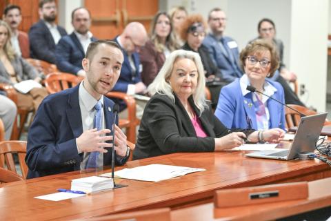 Pictured from left to right: State Reps. Bill G. Schuette, Kathy Schmaltz and Nancy DeBoer offer testimony on their plans to provide relief for Michigan families before the House Economic Competitiveness Committee on Thursday, March 20.