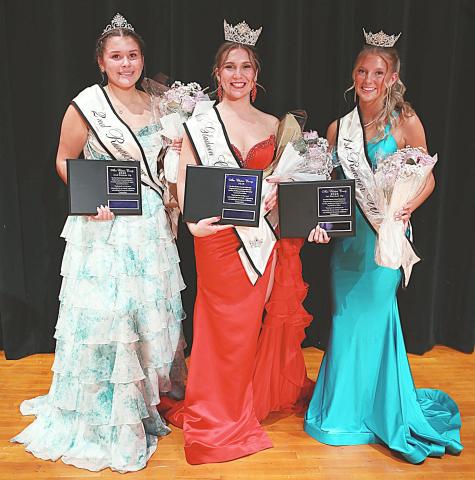 Second Runner-up Isabelle Dodman, Miss Gladwin County Audrey Schmidt and First Runner-up Braylin Orton pose with the crowns and certificates they received after Saturday’s Showcase at Gladwin High School.