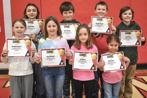 BES Students of the Month for February are Serenity Coppola, Kennadi Allen, Hazel Marshall, Noah Coppola, Liv Becker, Brantley Brooks, Olivia Giner and Liam Torrez. Not pictured: Madison Blades.