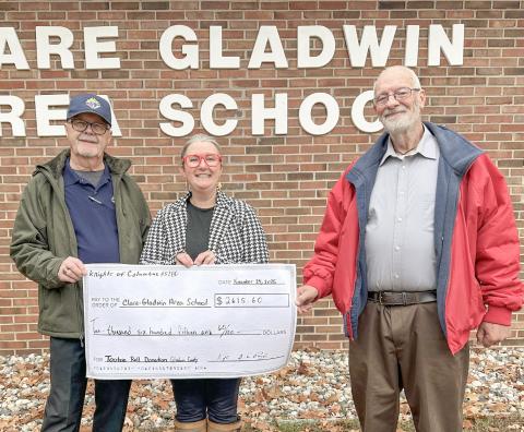 Gladwin Knights of Columbus Council 5280 representatives, Scott Cody and Dave Poxon, present a check to Principal, Beth Wood.