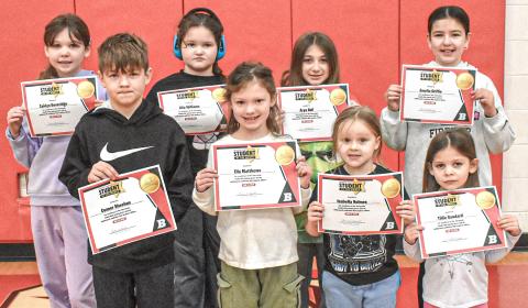 BES Students of the Month are: Zaidyn Beveridge, Conner Sheehan, Aila Williams, Ella Matthews, Arya Hall, Isabella Holmes, Amelia Griffin and Tillie Gaudard. Not pictured is Eli Kassabian.